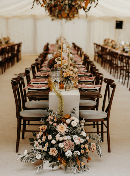 A table set up with wedding flowers for a wedding in London