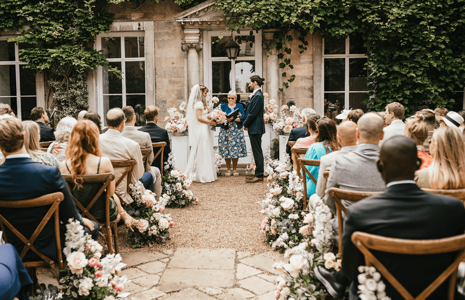 wedding ceremony with wedding flowers
